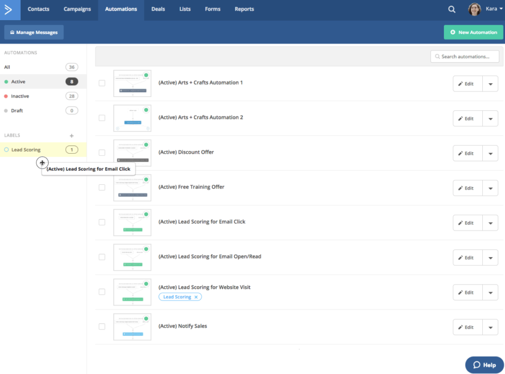 ActiveCampaigns contact scoring interface