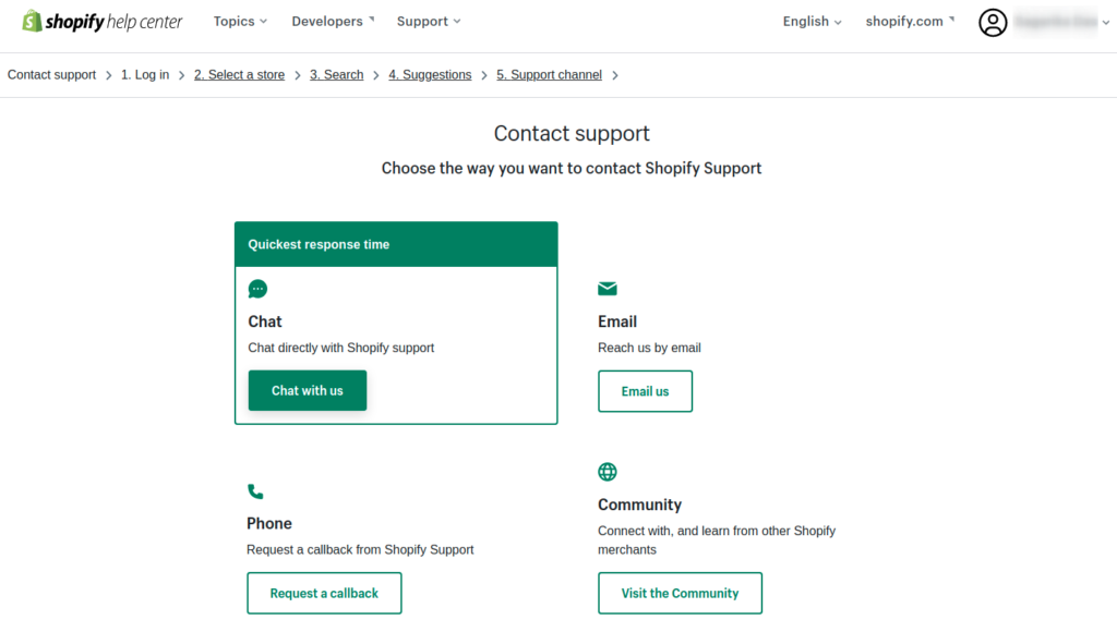 Shopifys support page