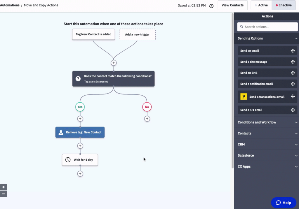 drag and drop automation builder in action within ActiveCampaign