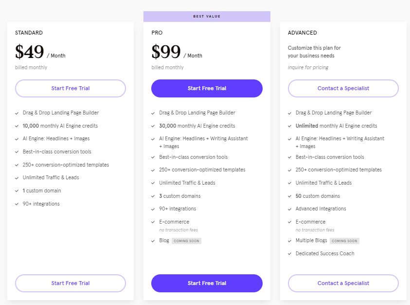 The pricing of Leadpages 